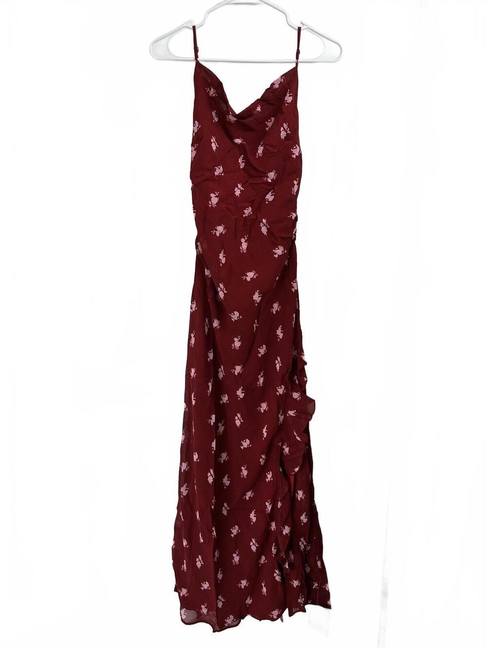 Topshop Sheer Drape Midi Dress Red Cowl Neck Maxi Dress Slit Burgundy NWT Size 2 - Picture 3 of 7